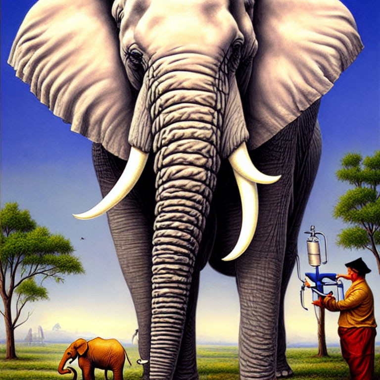 Surreal painting: person spraying elephant with spray gun