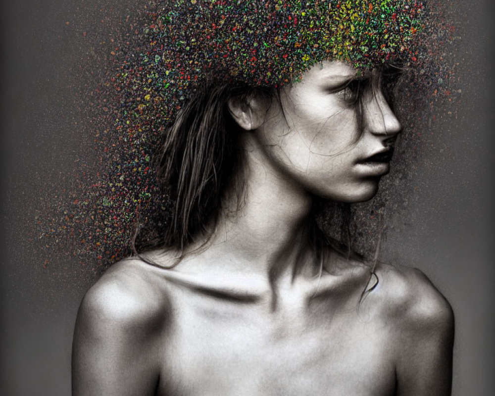 Monochrome portrait of woman with multicolored particles and arm tattoo