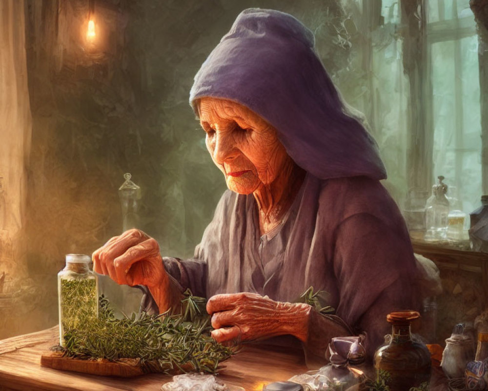 Elderly woman in purple hood preparing herbs in rustic kitchen