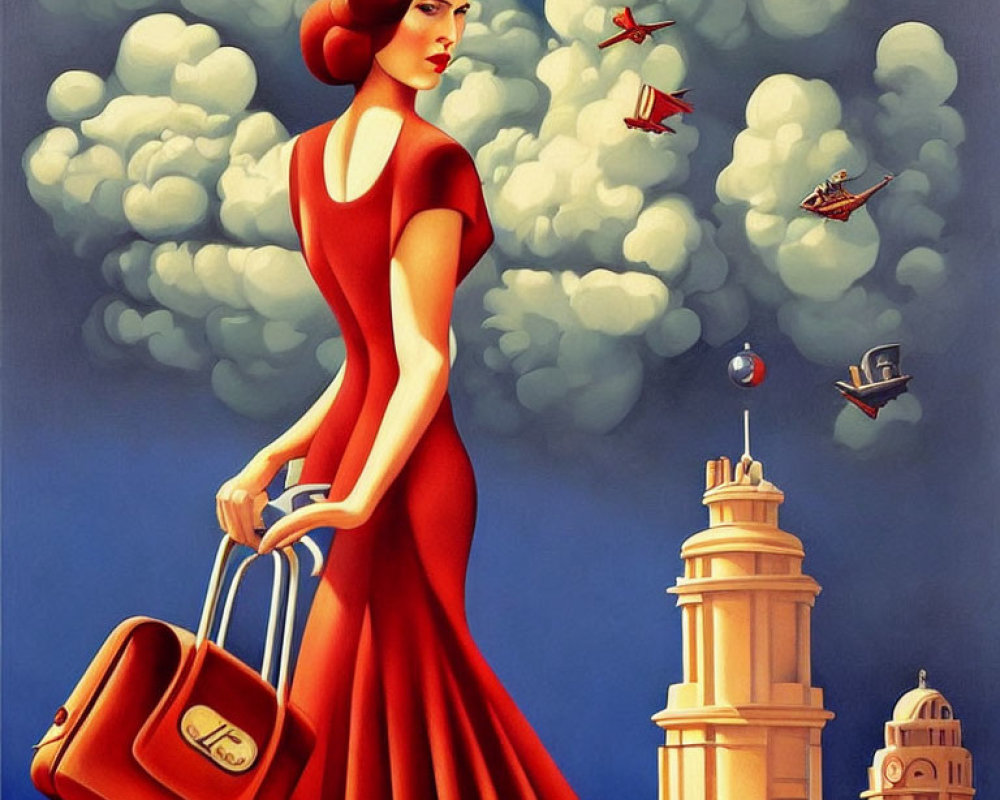 Stylized illustration of woman in red dress with hat and briefcase among whimsical planes