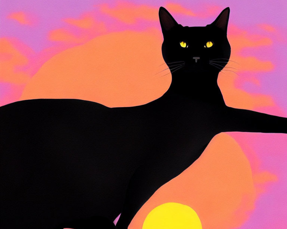 Stylized black cat illustration with glowing yellow eyes on pink sky backdrop