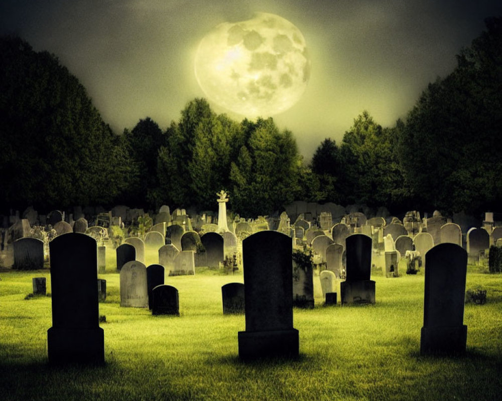 Full Moon Shines on Cemetery with Headstones and Statue