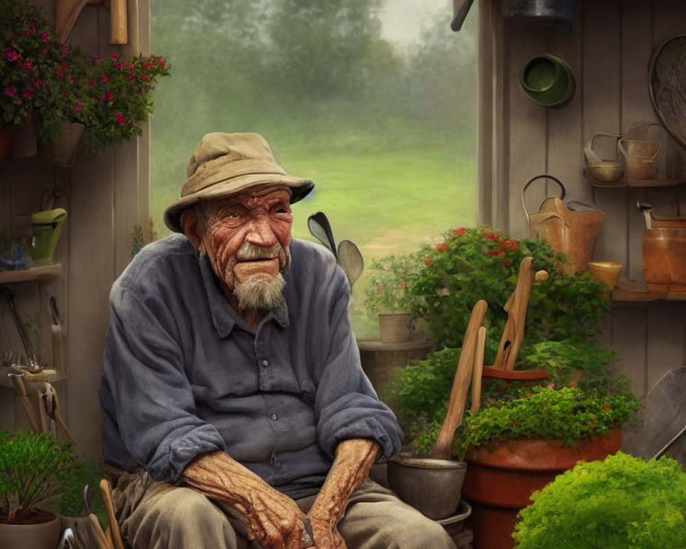 Elderly Man in Hat Surrounded by Garden Tools and Plants