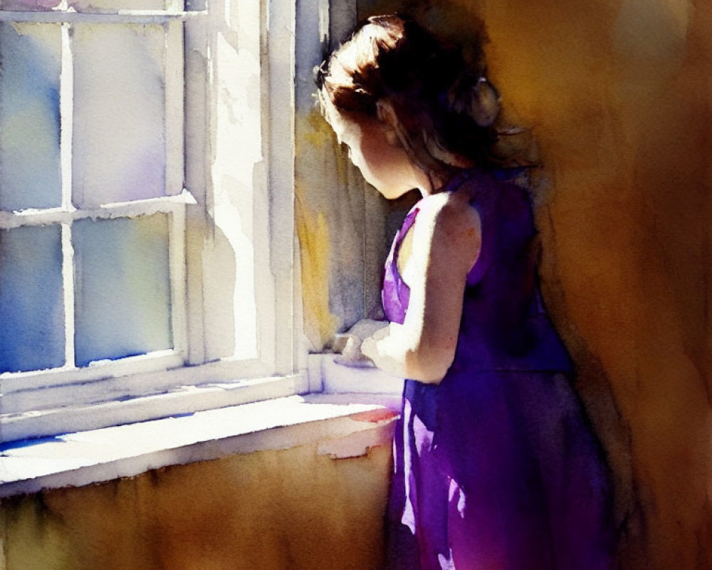 Young girl in purple dress gazes out sunlit window in soft watercolor style