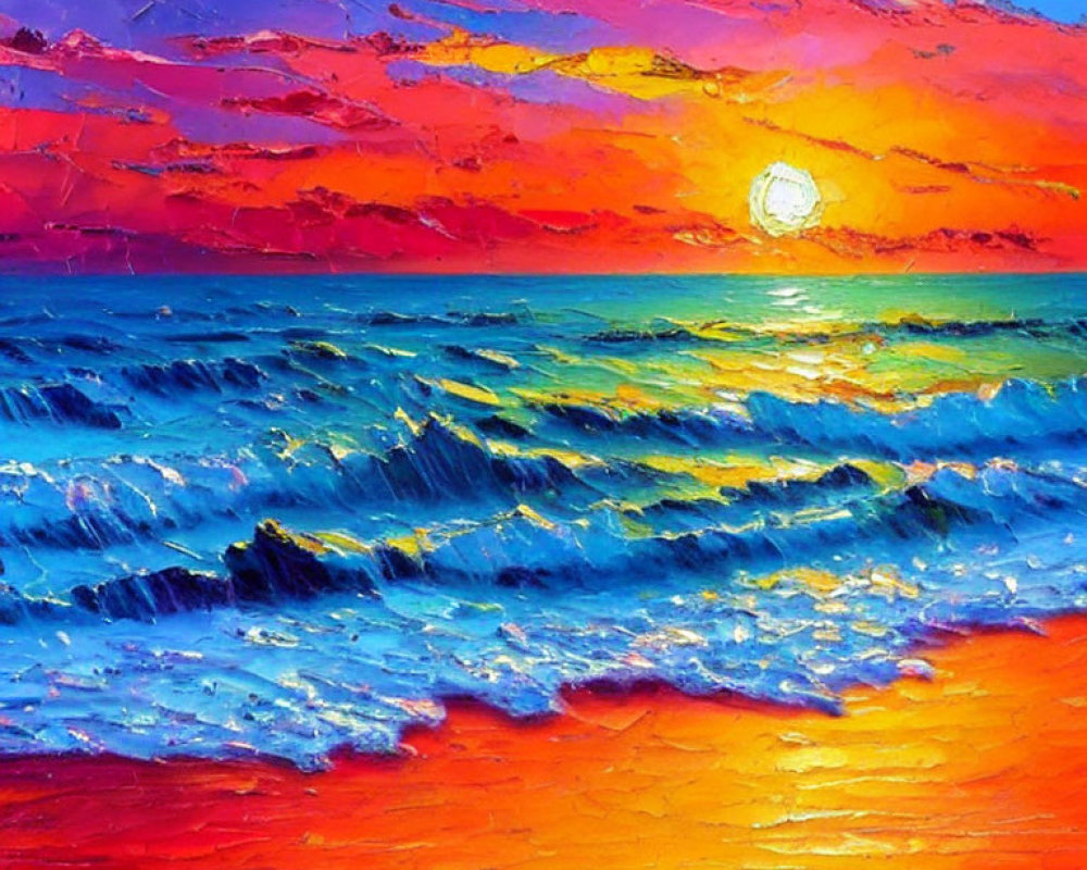 Colorful sunset painting over ocean with orange, red, and blue hues.
