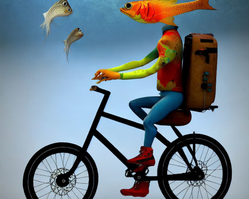 Surreal image: Person with fish heads on bicycle in forest