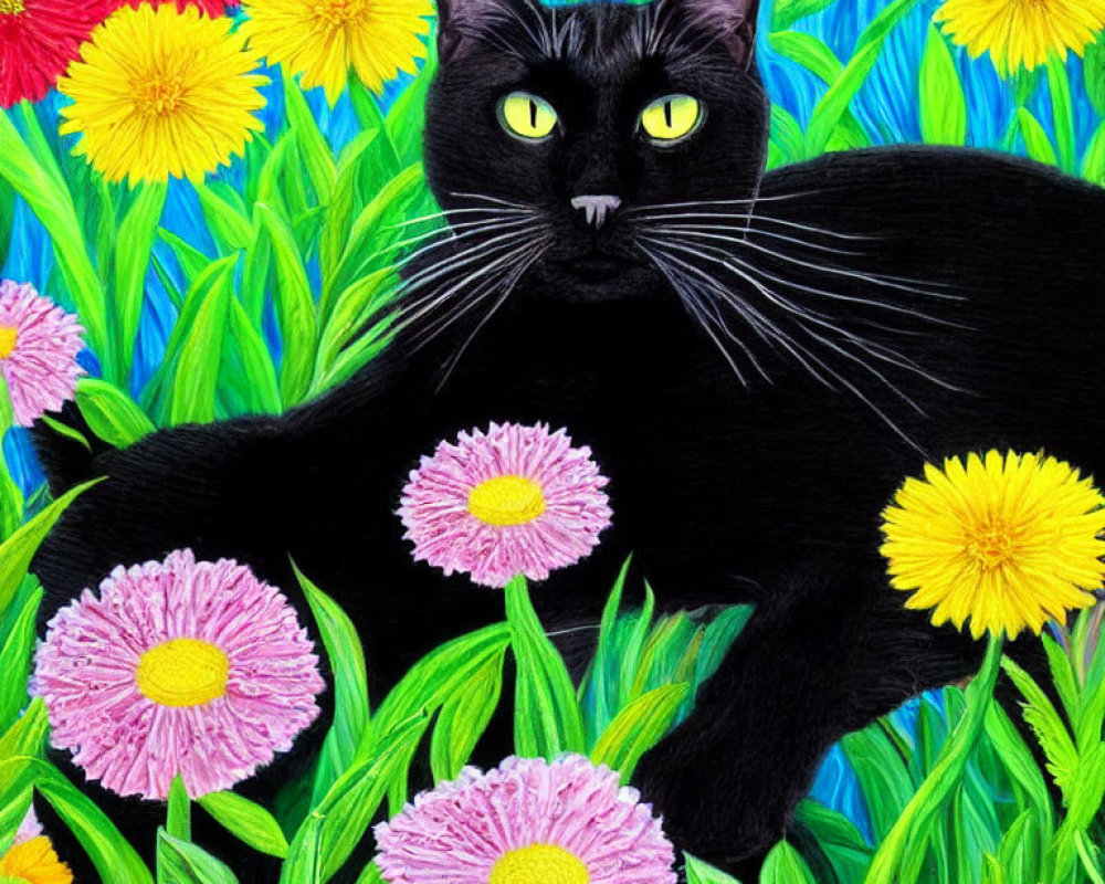 Vibrant black cat with yellow eyes among colorful flowers and green foliage