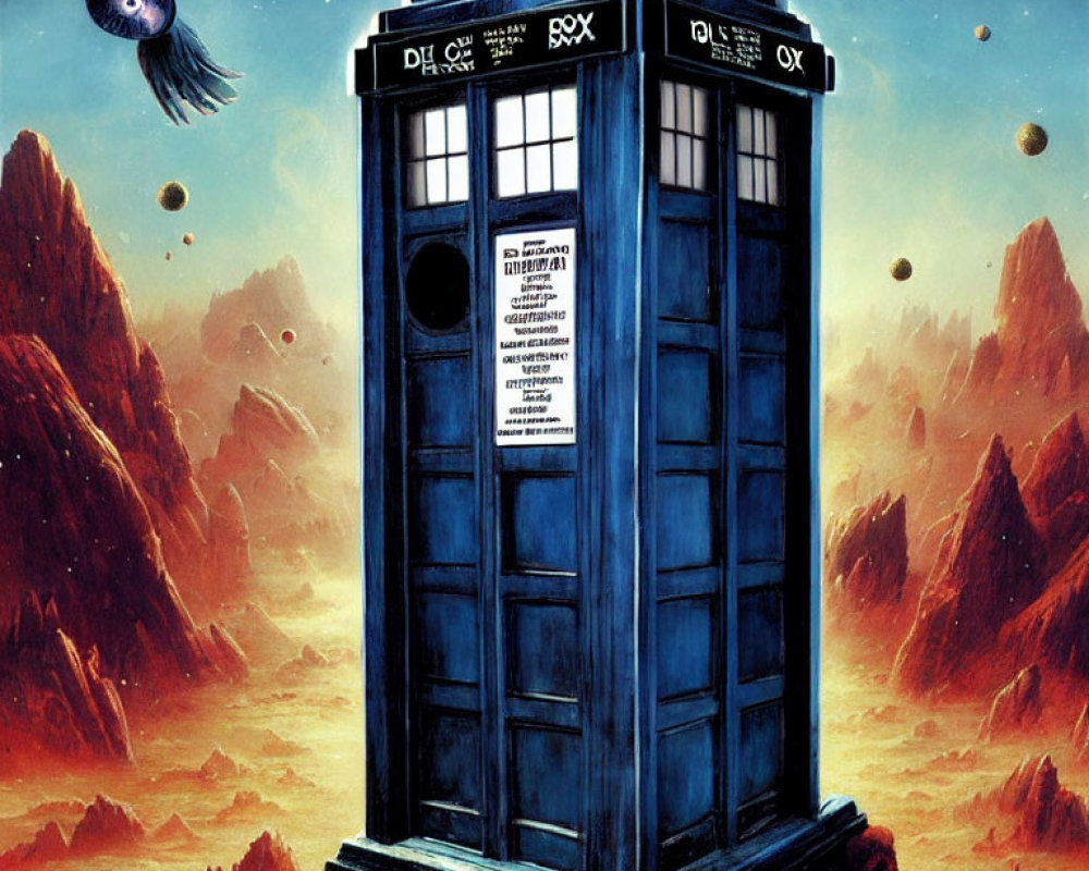 Blue Police Box in Space with Alien Planets and Squid-like Creature