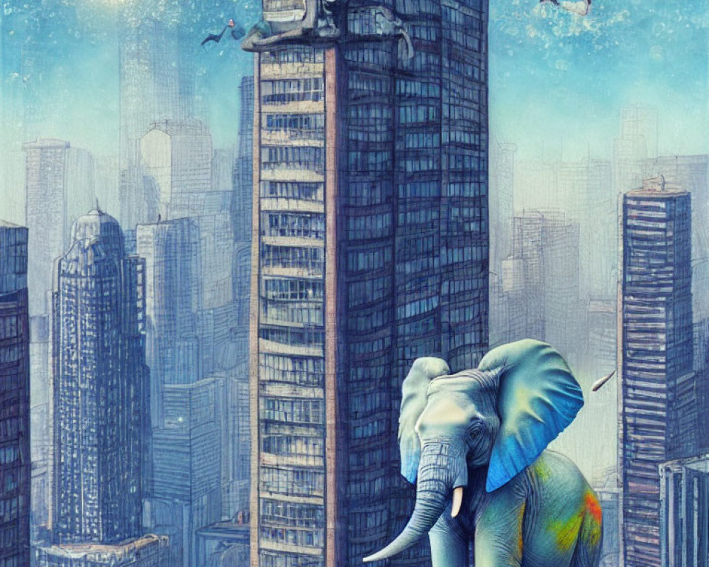Elephants on skyscraper and diving into pool with cityscape view