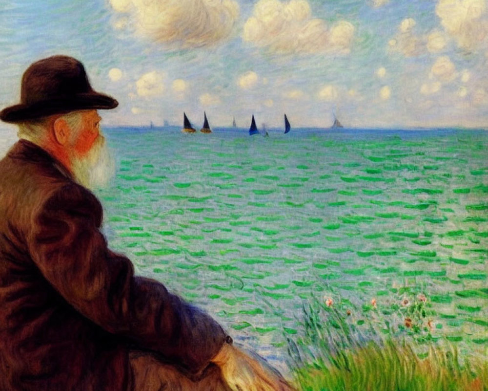 Bearded man in black by the sea, boats in vibrant green water