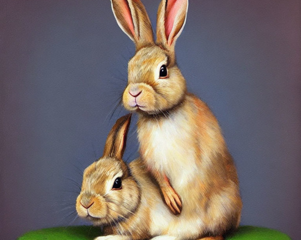 Two rabbits sitting closely together on green surface, one larger with paw on smaller, against grey background.