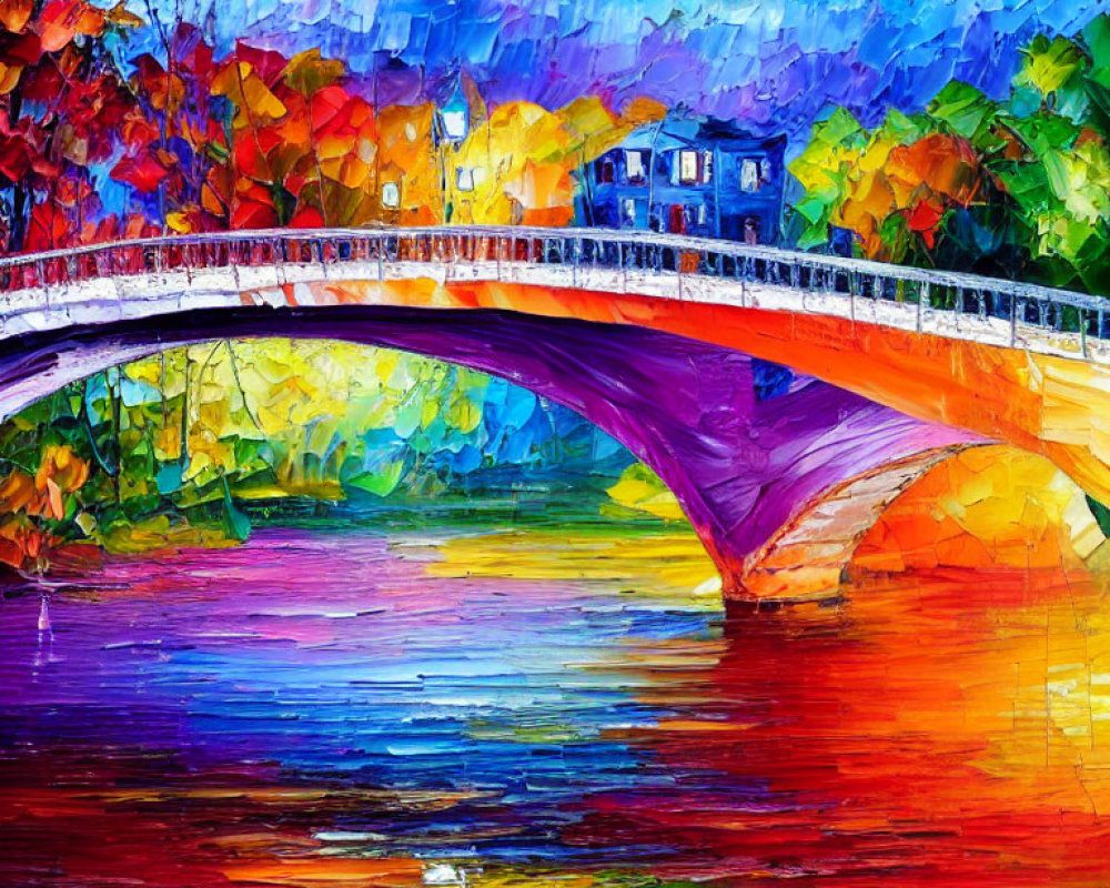 Impressionistic painting of arched bridge over river with colorful trees