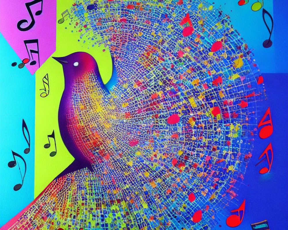 Colorful Stylized Bird Artwork with Musical Notes on Multicolored Background