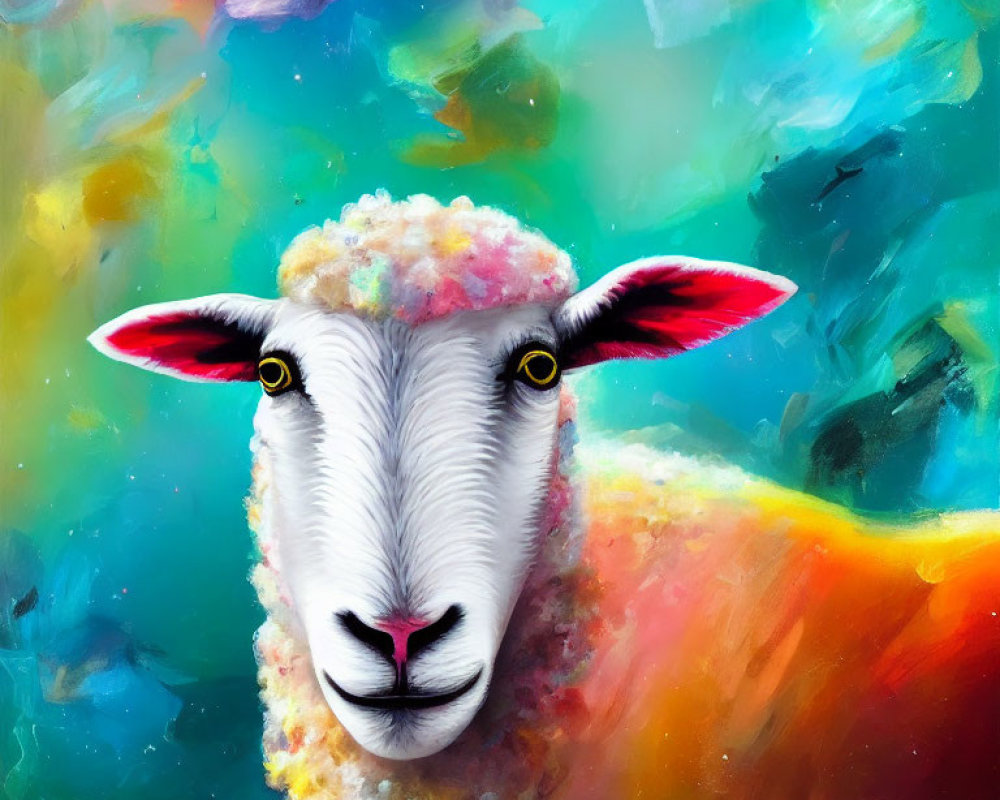 Colorful Abstract Sheep Portrait with Vibrant Swirling Background