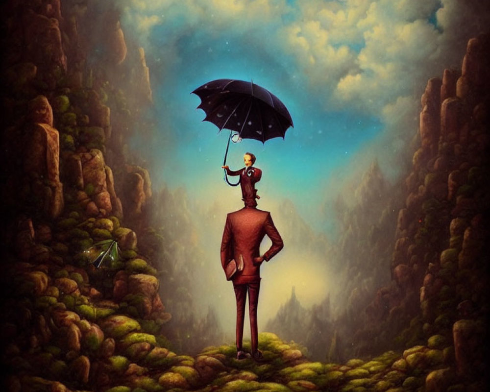 Surreal landscape with figure in suit and umbrella head on hill