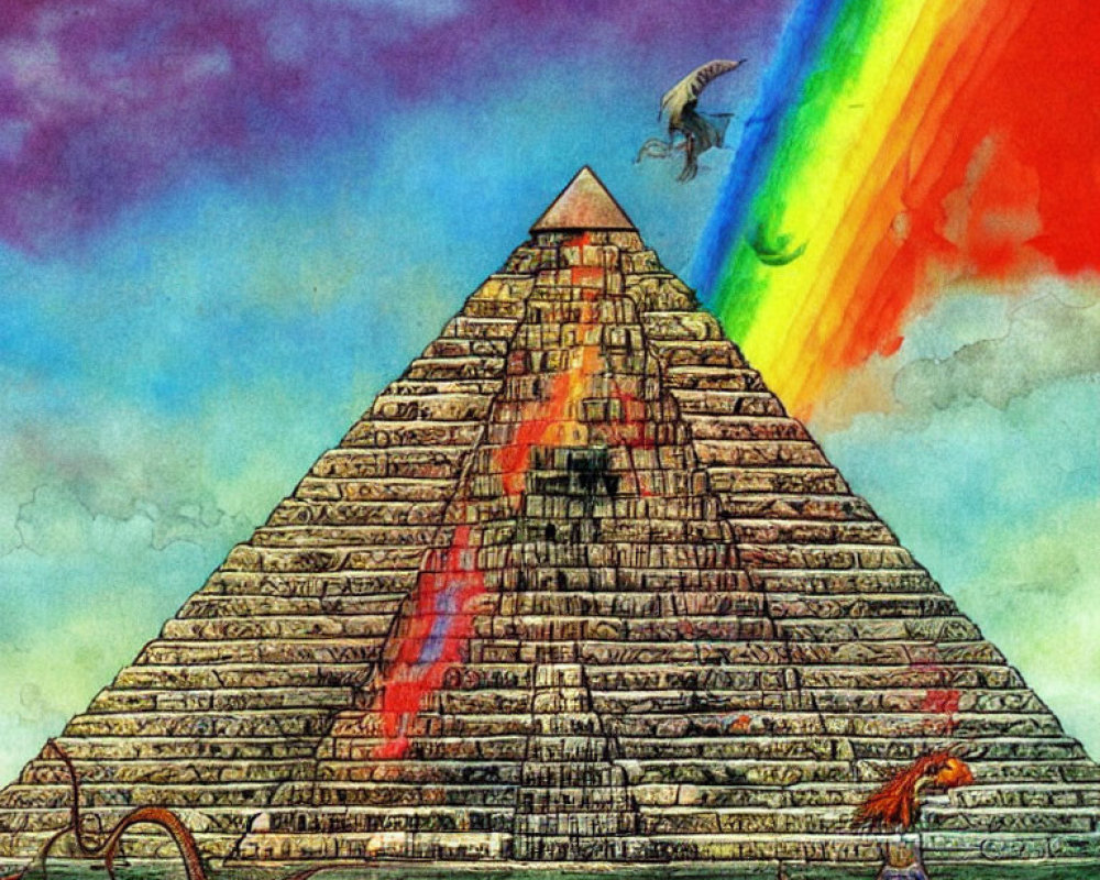 Surreal illustration: pyramid, rainbow, flying pterodactyl, person with horse