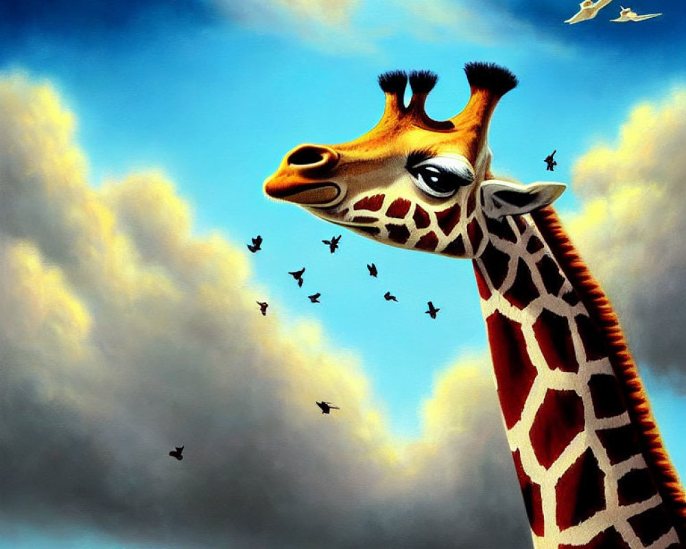 Tall giraffe gazes at sky with birds in fluffy clouds