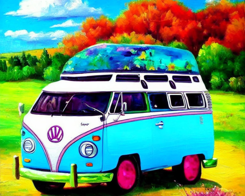 Colorful Volkswagen Van Painting in Grass Landscape under Blue Sky