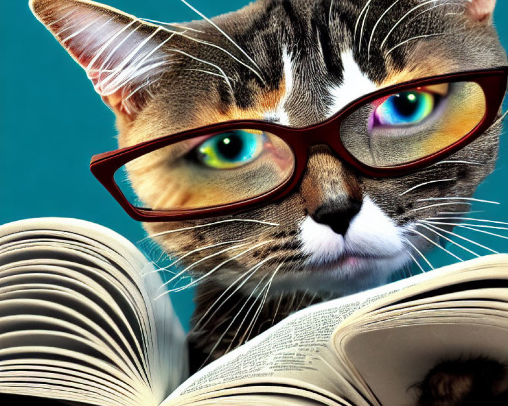 Tabby Cat with Colorful Eyes in Red Glasses Reading Book on Teal Background