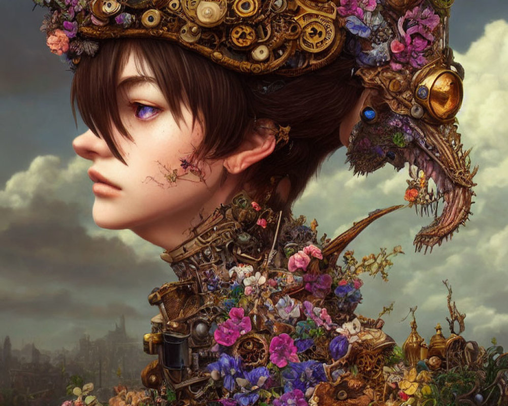 Digital art portrait of woman with mechanical, floral, and ornate headpiece.