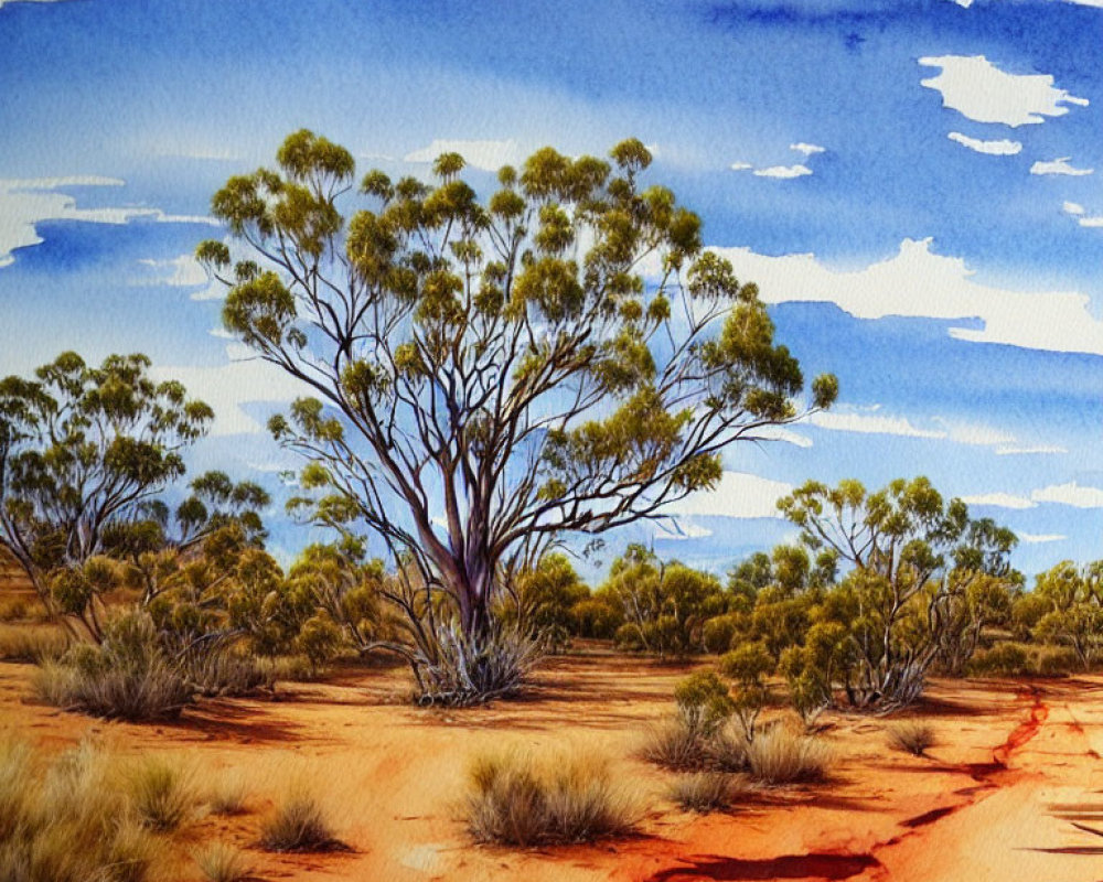 Australian Outback Watercolor: Eucalyptus Tree, Blue Sky, Sandy Path