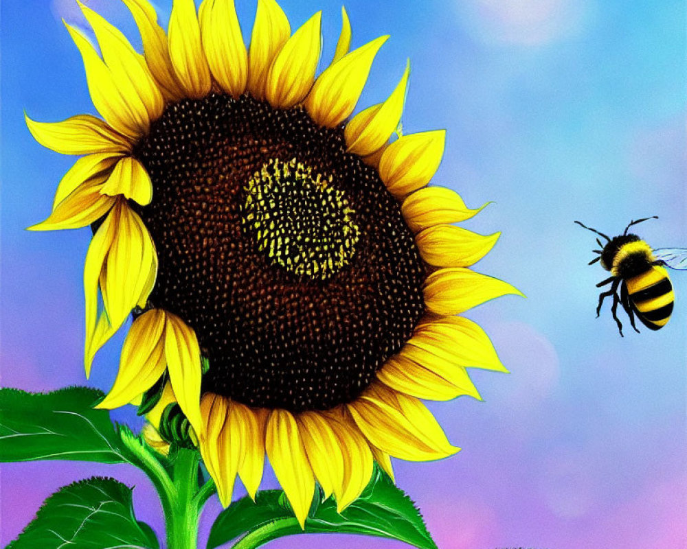 Sunflower with yellow petals and bumblebee against blue sky
