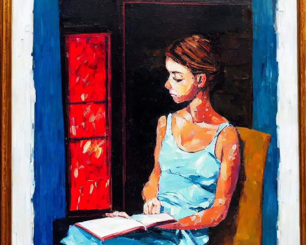 Woman in Blue Dress Reading Book by Window with Red Curtain