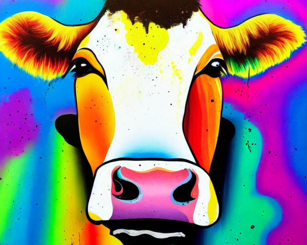 Colorful cow face painting with splash patterns on multicolored background
