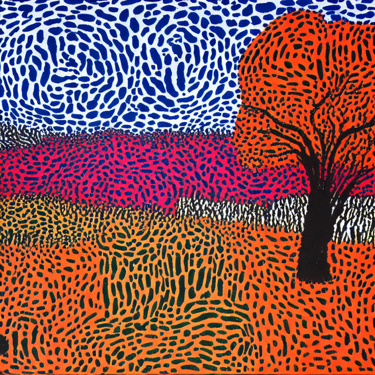 Colorful Abstract Painting with Orange Spots, Red Flora, Tree, and Blue Sky