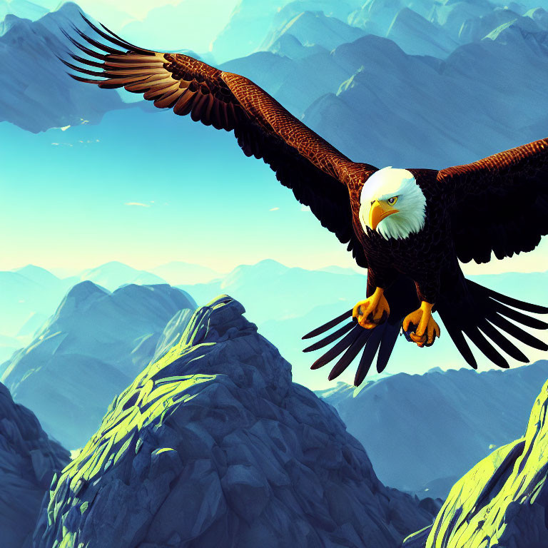 Majestic bald eagle soaring over rocky mountains in sunlight