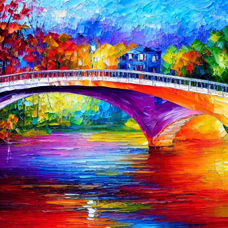Impressionistic painting of arched bridge over river with colorful trees