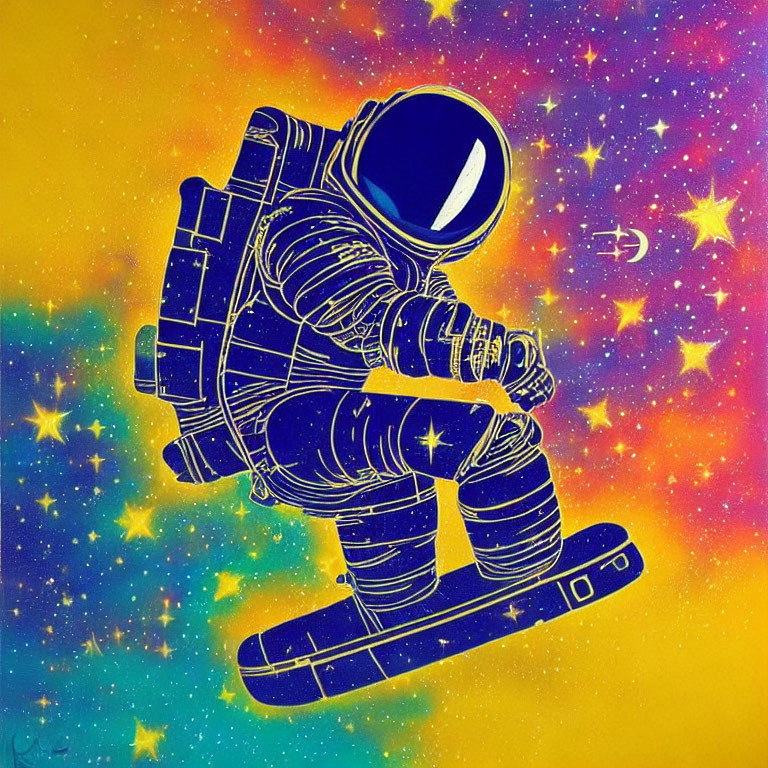 Astronaut Snowboarding in Vibrant Cosmic Scene