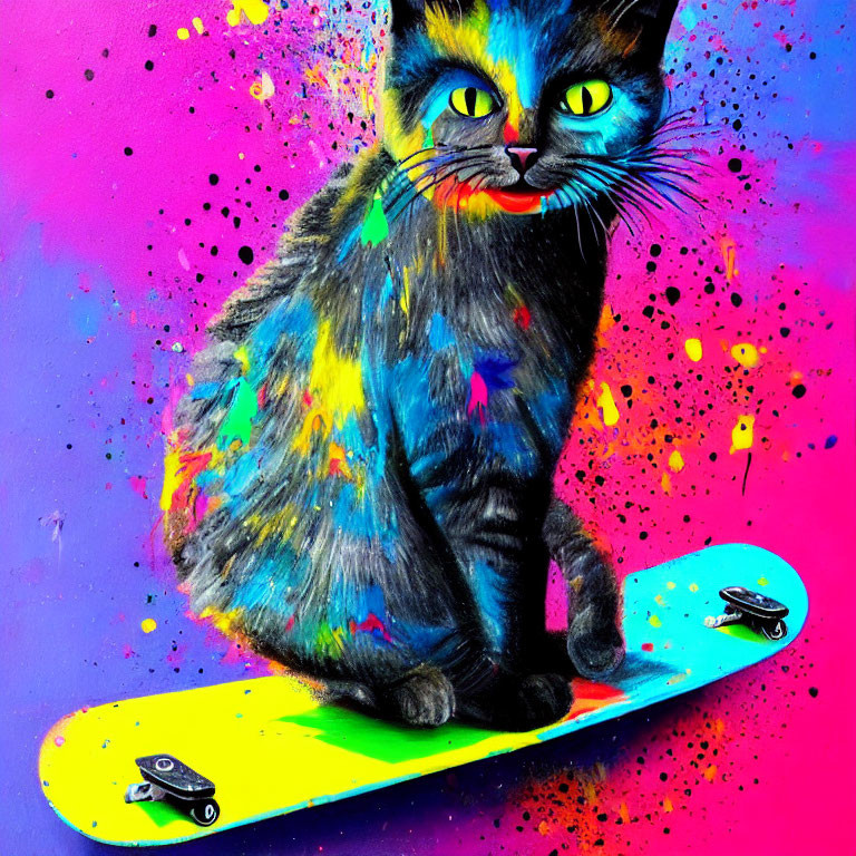 Colorful Blue Cat on Skateboard Against Splattered Background