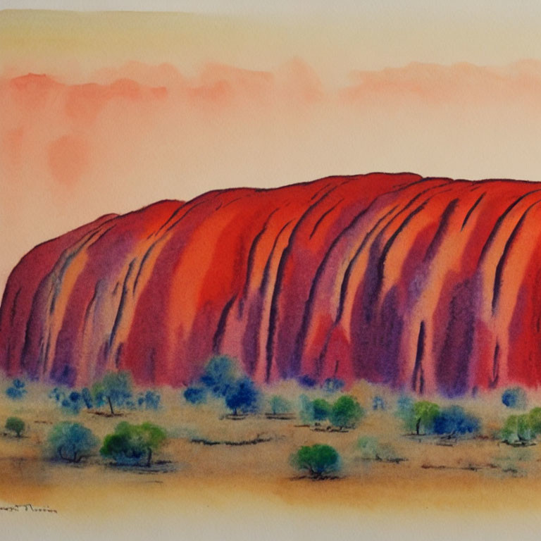 Vibrant watercolor of Uluru at sunset with red, orange hues