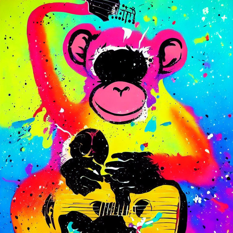 Colorful Pink Monkey Playing Guitar on Vibrant Background