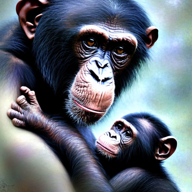 Adult and baby chimpanzee gazing at viewer in close-up