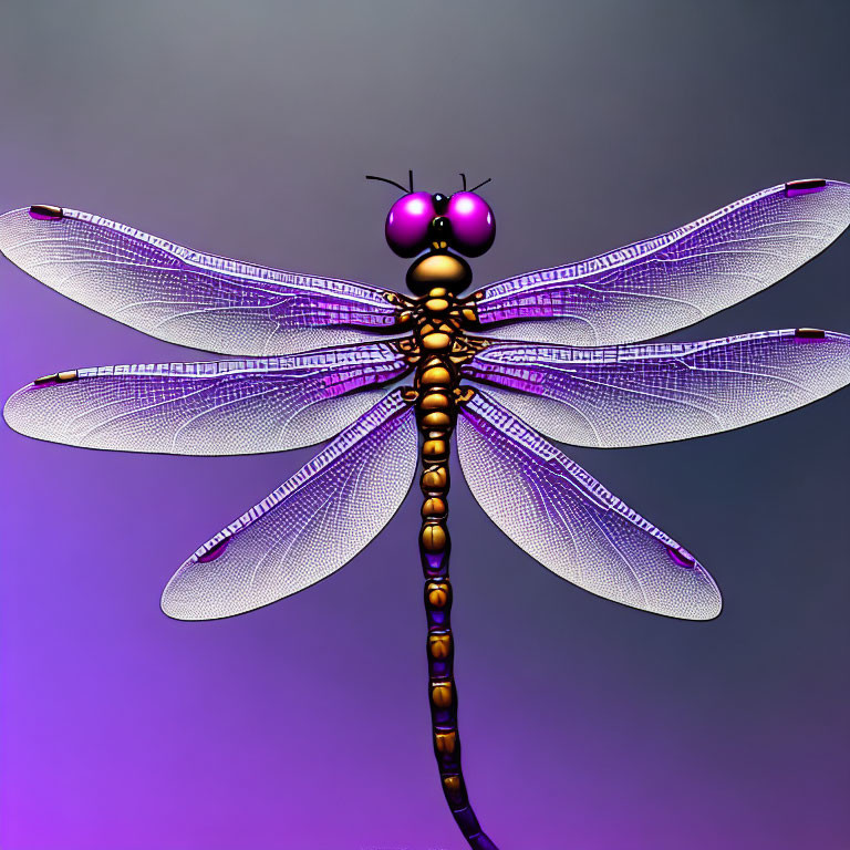 Detailed digital dragonfly illustration in purple and bronze on gradient backdrop