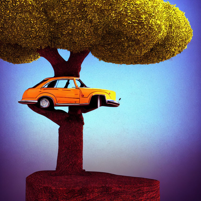 Orange Car on Tree Against Purple Background