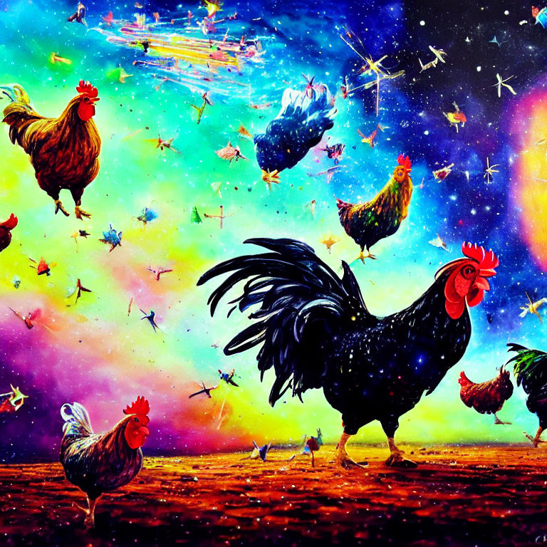 Vibrant roosters and hens in cosmic scene with stars