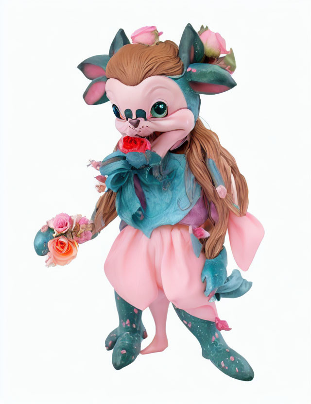 Floral-themed anthropomorphic figurine in pink dress with rose and petals