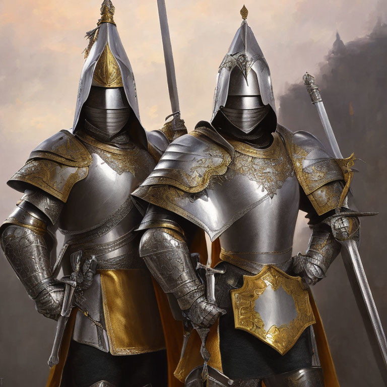 Two knights in ornate armor with sword, in foggy backdrop