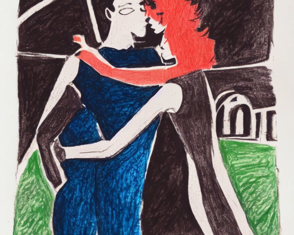 Vibrant drawing of couple embracing in red and blue attire against abstract backdrop