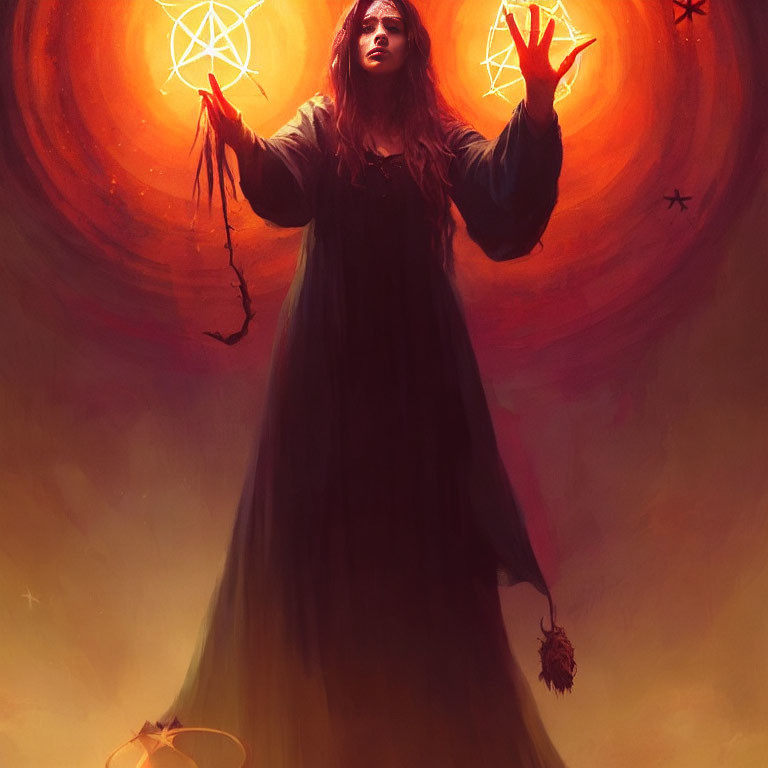 Mystical figure in dark robe with glowing symbols and star-shaped object on warm backdrop