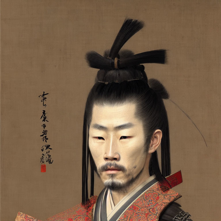 Asian portrait of man in formal attire with topknot and facial hair