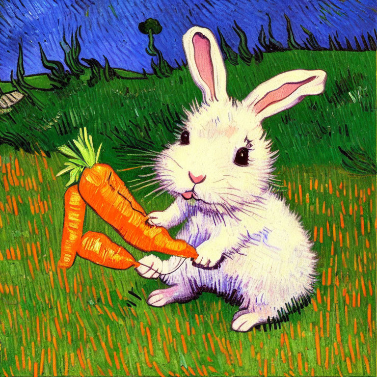 Colorful illustration: White rabbit with orange carrots on vibrant background