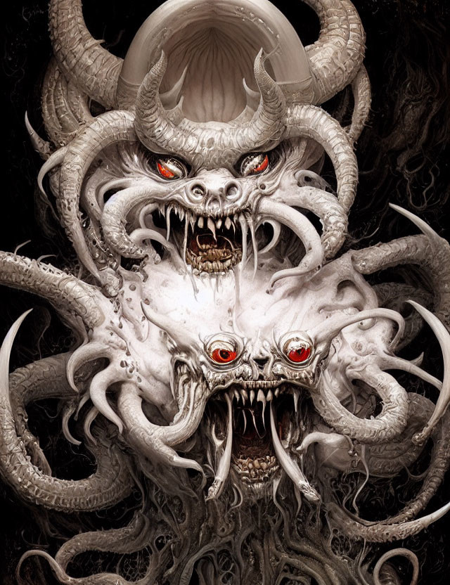 Detailed Artwork: Multi-eyed, Horned Creature with Fanged Mouths and Tentacles on Dark