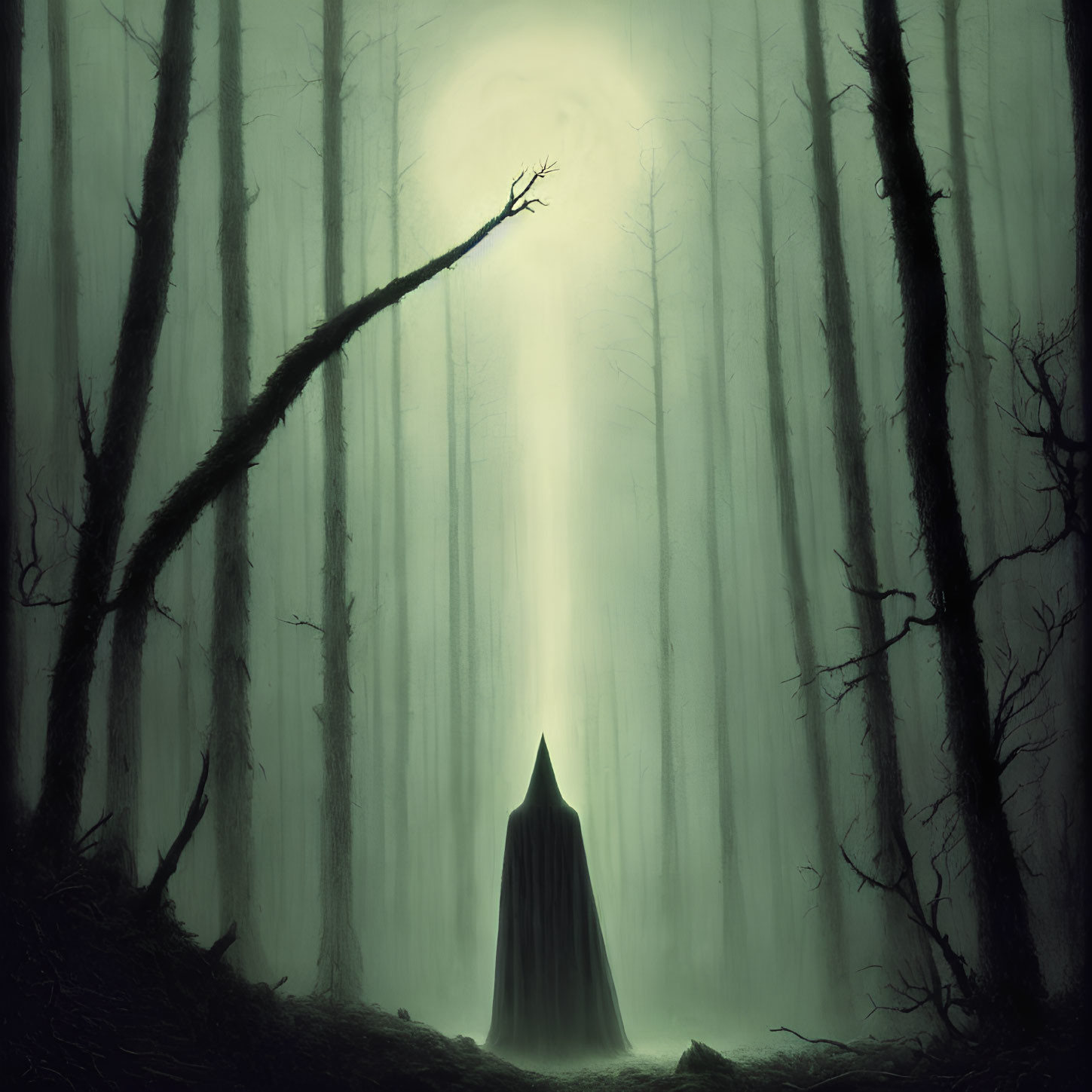 Misty forest scene with cloaked figure and beam of light