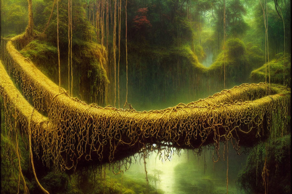 Mystical forest scene: natural root bridge over river in mist