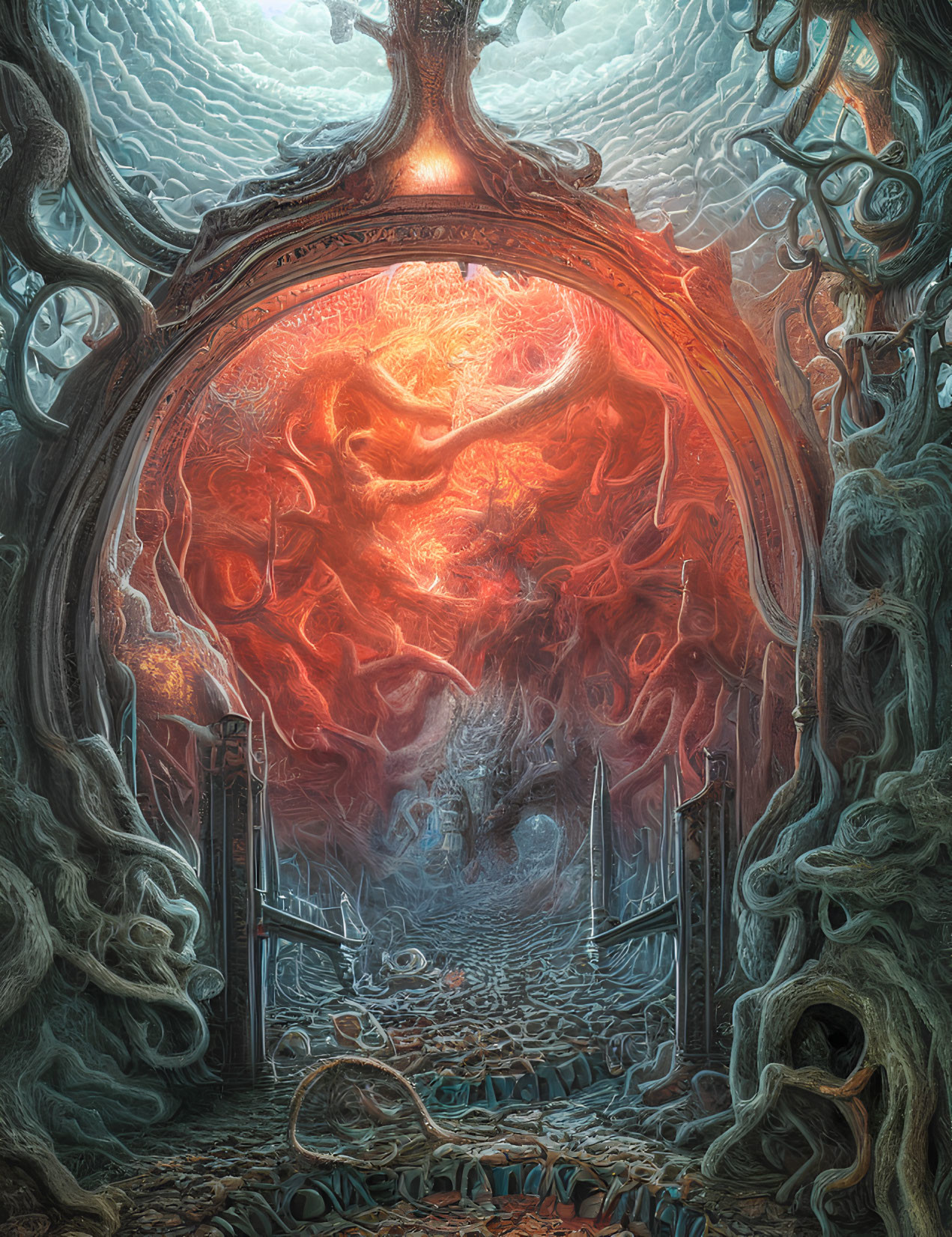 Ornate archway leading to fiery vortex and twisted structures