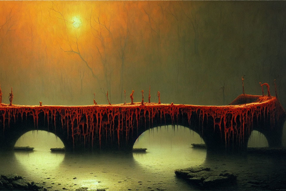 Eerie bridge under orange moon, red substance, silhouetted trees